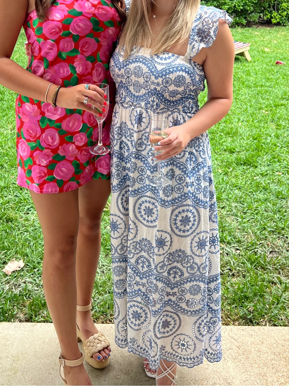 White and Blue Printed Maxi Dress - Smocked Bodice, Cap Sleeves